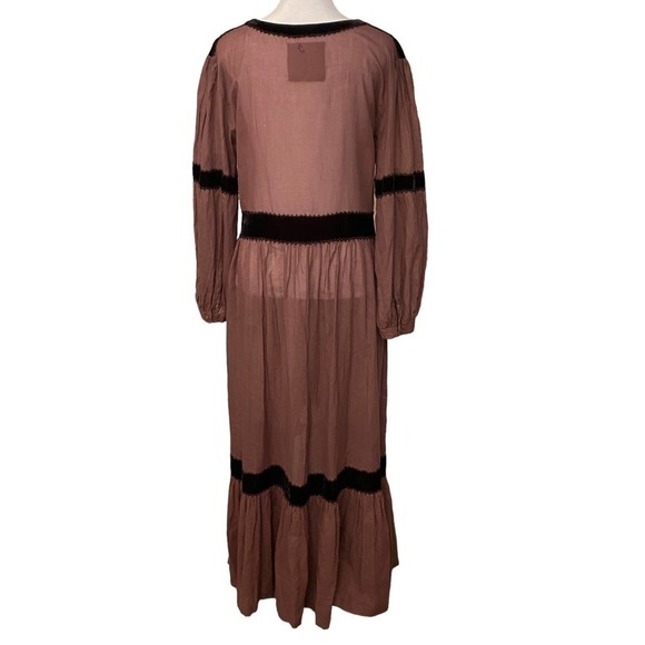 Chasing Unicorns Mauve Brown Cotton Voile Embroider 1970s Maxi Dress Large - Picture 5 of 10